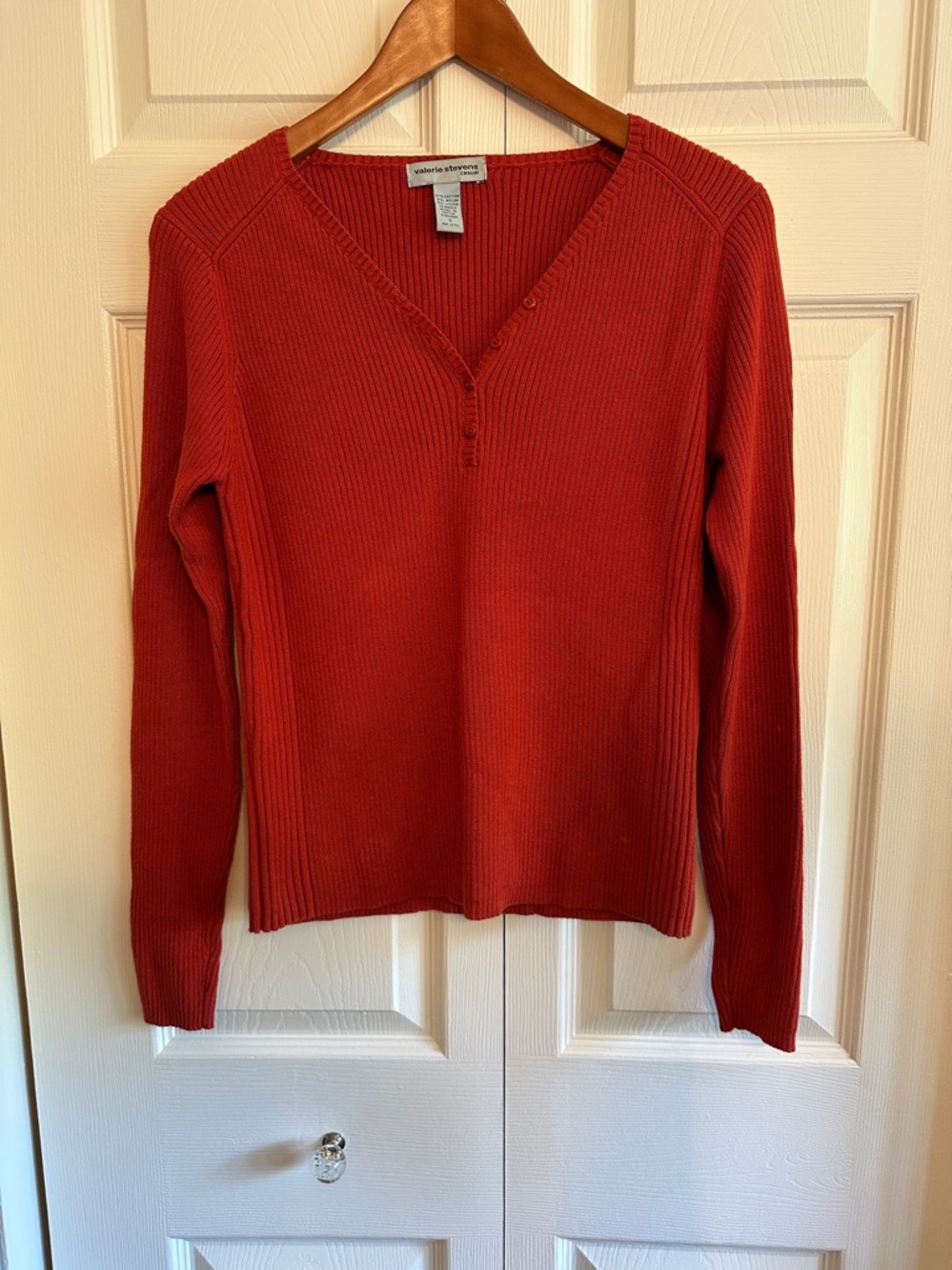 Valerie Steven’s Brick Red V-Neck Ribbed Women's Sweater
